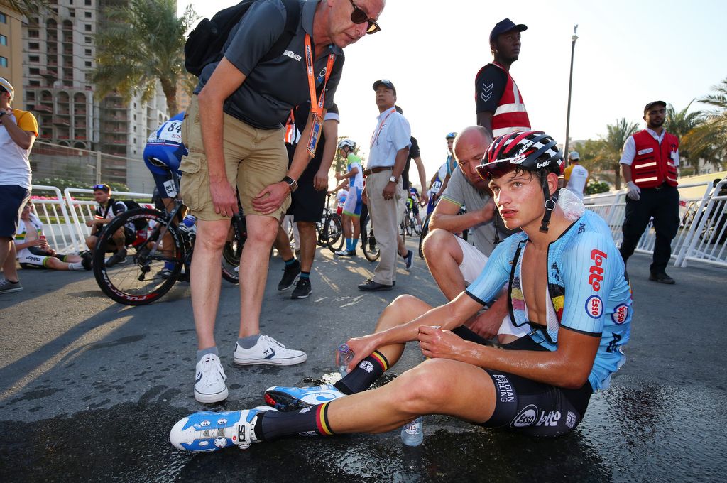 Brent Van Moer (Belgium) recovers after the road race