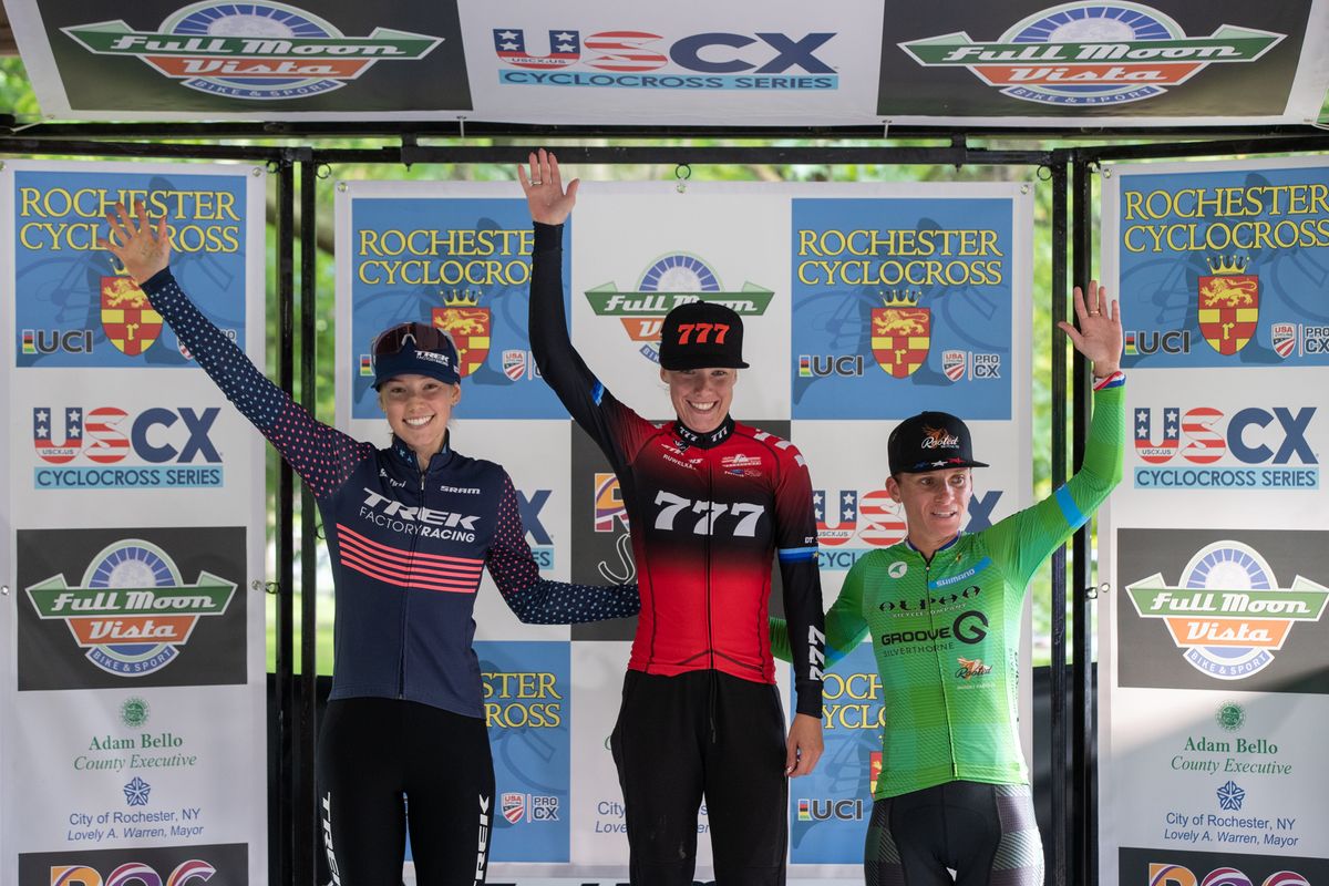 Elite women's podium for C2 race at 2022 Rochester Cyclocross: second-placed Maddie Munro, winner Annemarie Worst, third-placed Caroline Mani