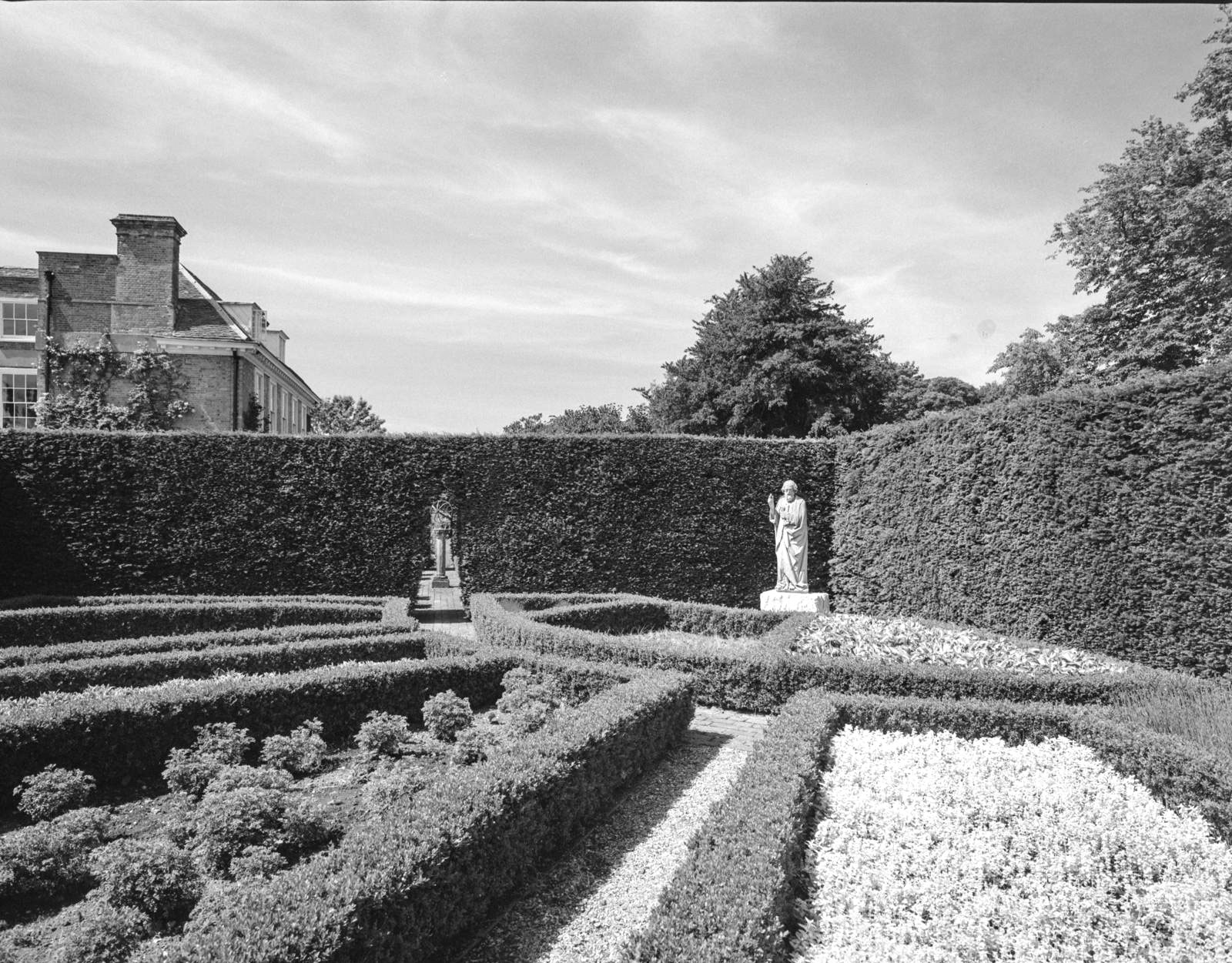 Black and white photograph of the gardens at Bledlow Manor in 1987