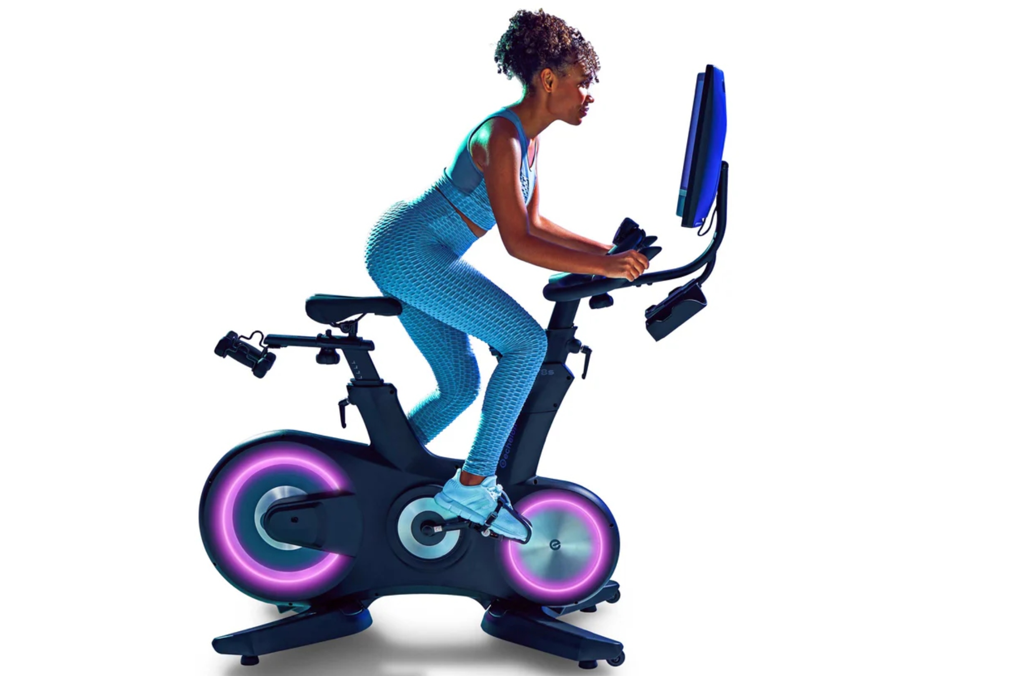 The flagship Echelon EX8-S exercise bike in full with a woman all in blue riding it