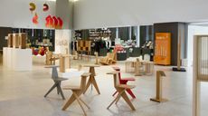 Exhibition view of Discovered at Design Museum London, showing wooden objects