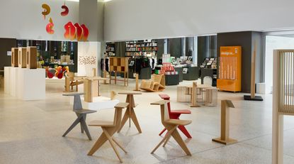 Exhibition view of Discovered at Design Museum London, showing wooden objects