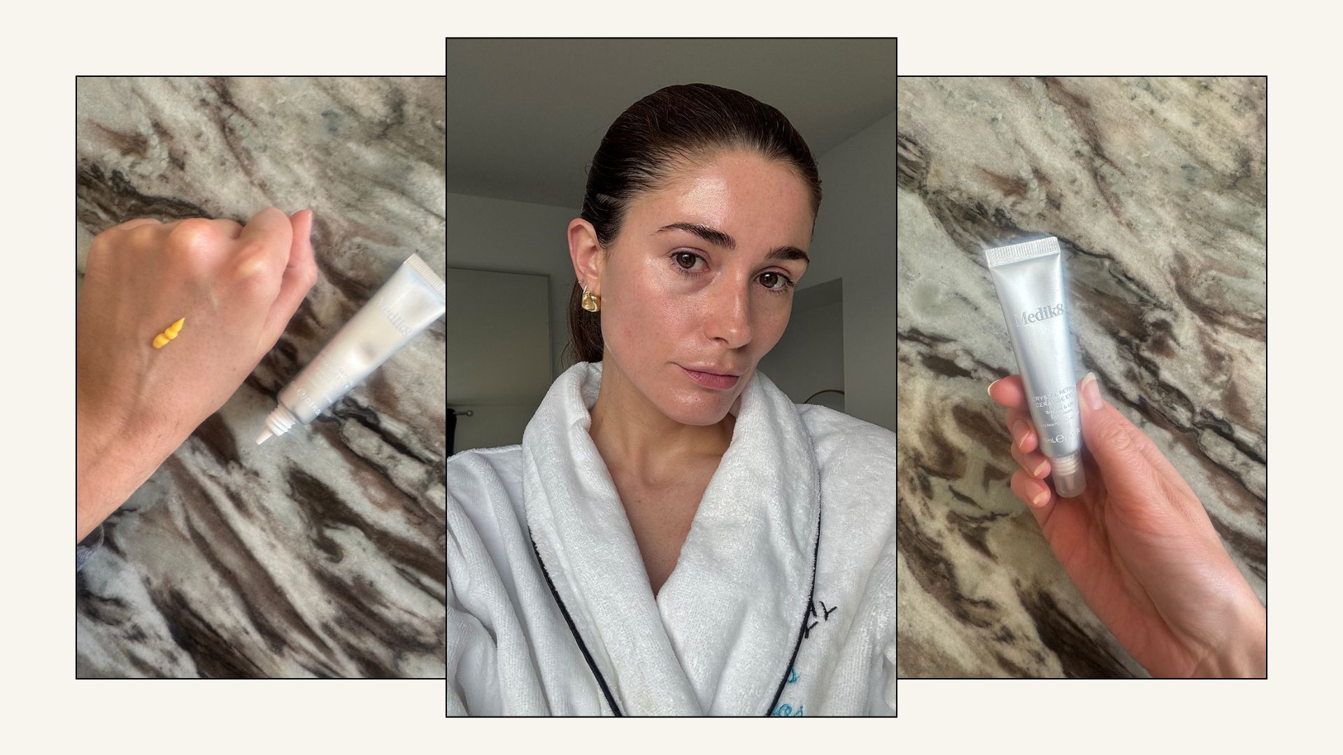 Eleanor testing the Medik8 Crystal Retinal Ceramide Eye Cream and pictures of the eye cream on a marble table