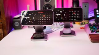 iPhone 16 and iPhone 15 charging on the Satechi Qi2 Wireless Charging Stand