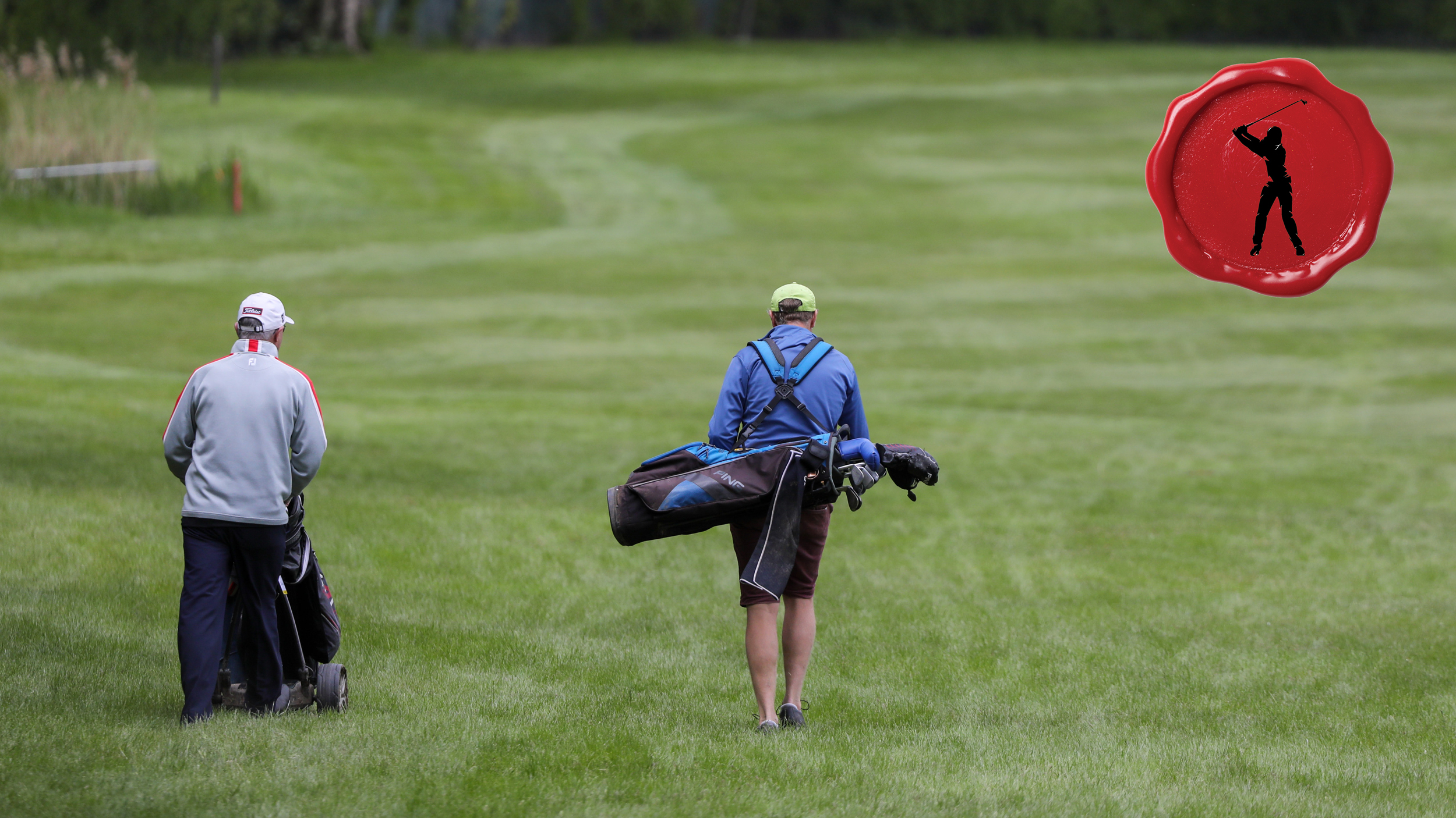 Two golfers walk up to a fairway with a red Secret Club Golfer stamp in the top-right