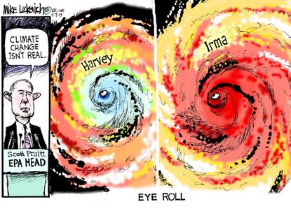 Political cartoon U.S. Scott Pruitt EPA climate change deniers Harvey Irma hurricanes