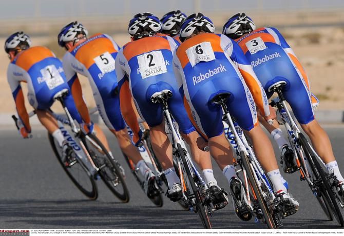 Rabobank takes a turn in the stage 2 TTT in the 2012 Tour of Qatar
