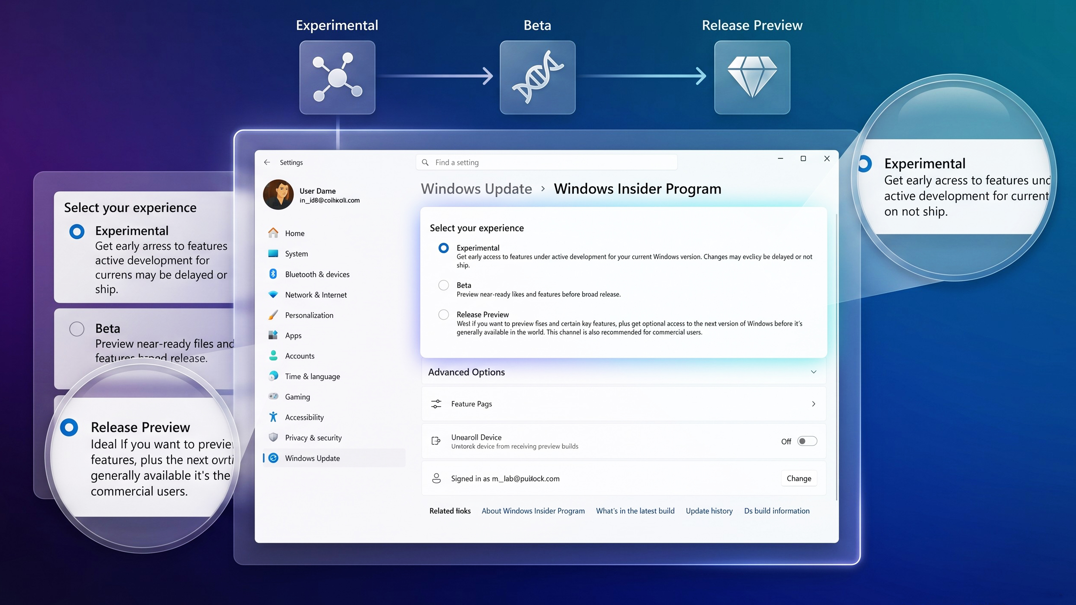 Settings interface for Windows Insider Program, showing options: Experimental, Beta, and Release Preview. Highlighted Experimental option offers early access.