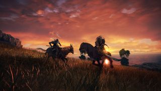Bästa PS4-spel: Två ryttare slåss mot varandra på en slätt under en solnedgång i Elden Ring.