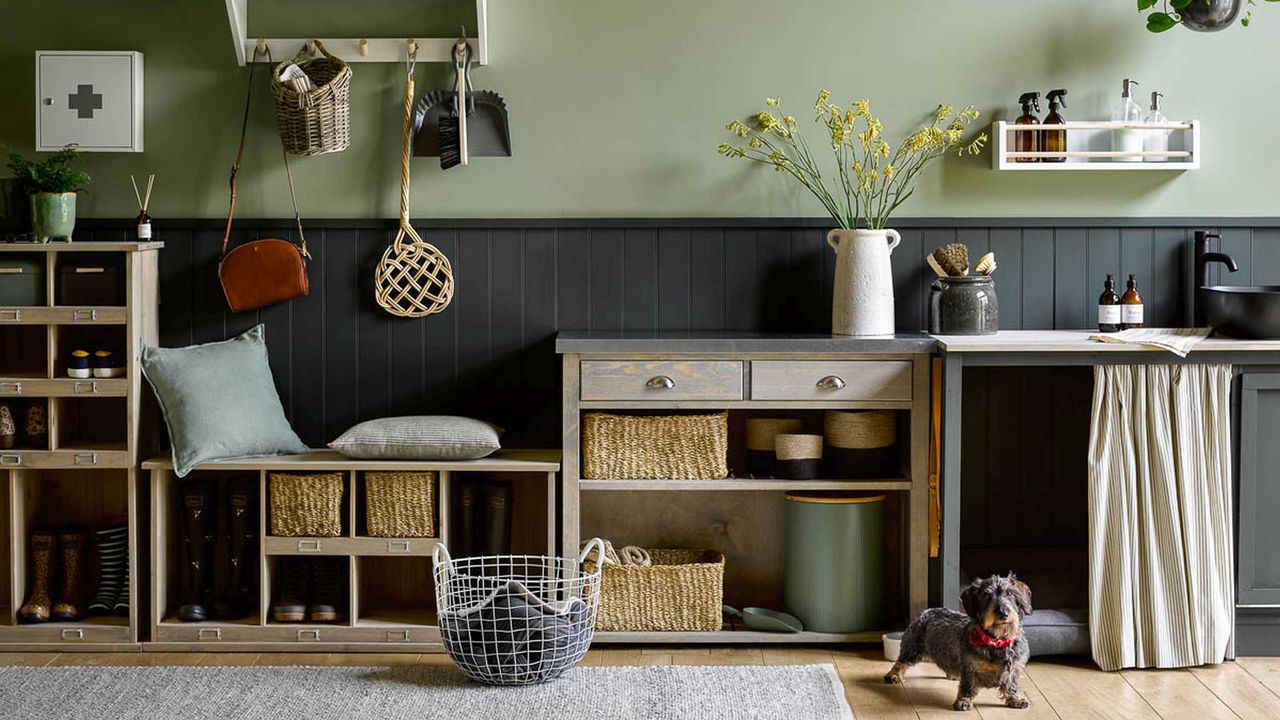 mudroom with storage and wood panelling