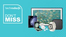 Assorted Samsung products on blue background with don't miss text overlay