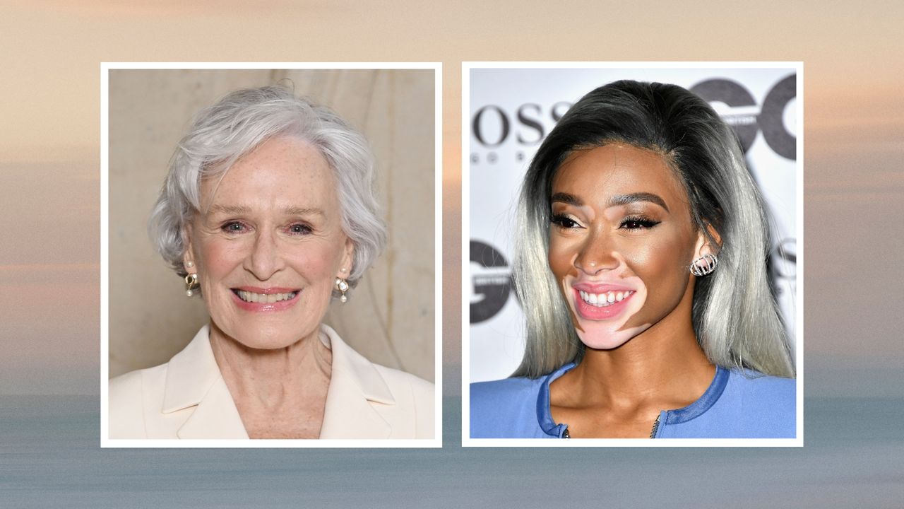 A picture of Glenn Close with short silver hair alongside a picture of Winnie Harlow with long, silver hair and dark roots growing through/ in a blue and cream sunset-like, gradient template