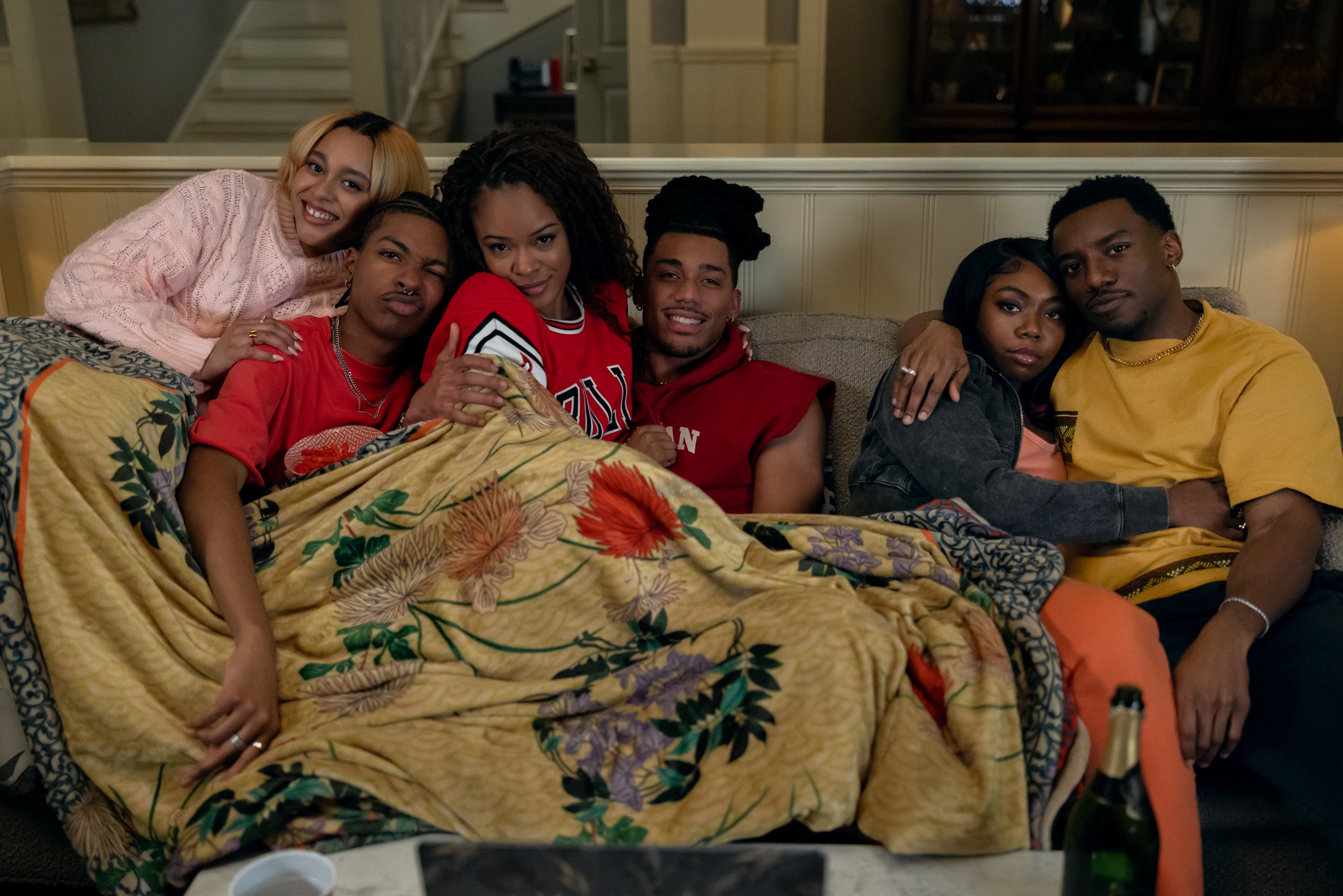 Kennedi Reece as Hazel, Jordan Aaron Hall as Amir, Maleah Joi Moon as Deborah, Cornell Young IV as Shaquille, Alijah Kai as Rashida, and Chibuikem Uche as Kojo in Netflix's 'A Different World.'
