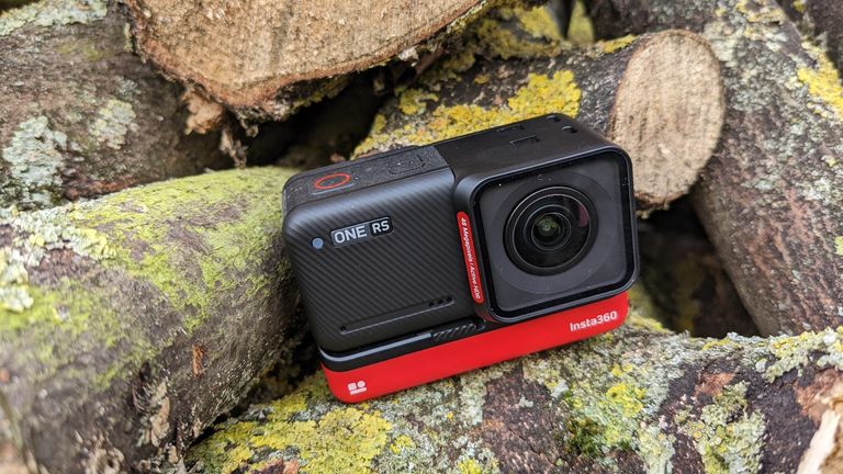 Insta 360 One RS Twin edition action camera on a rock