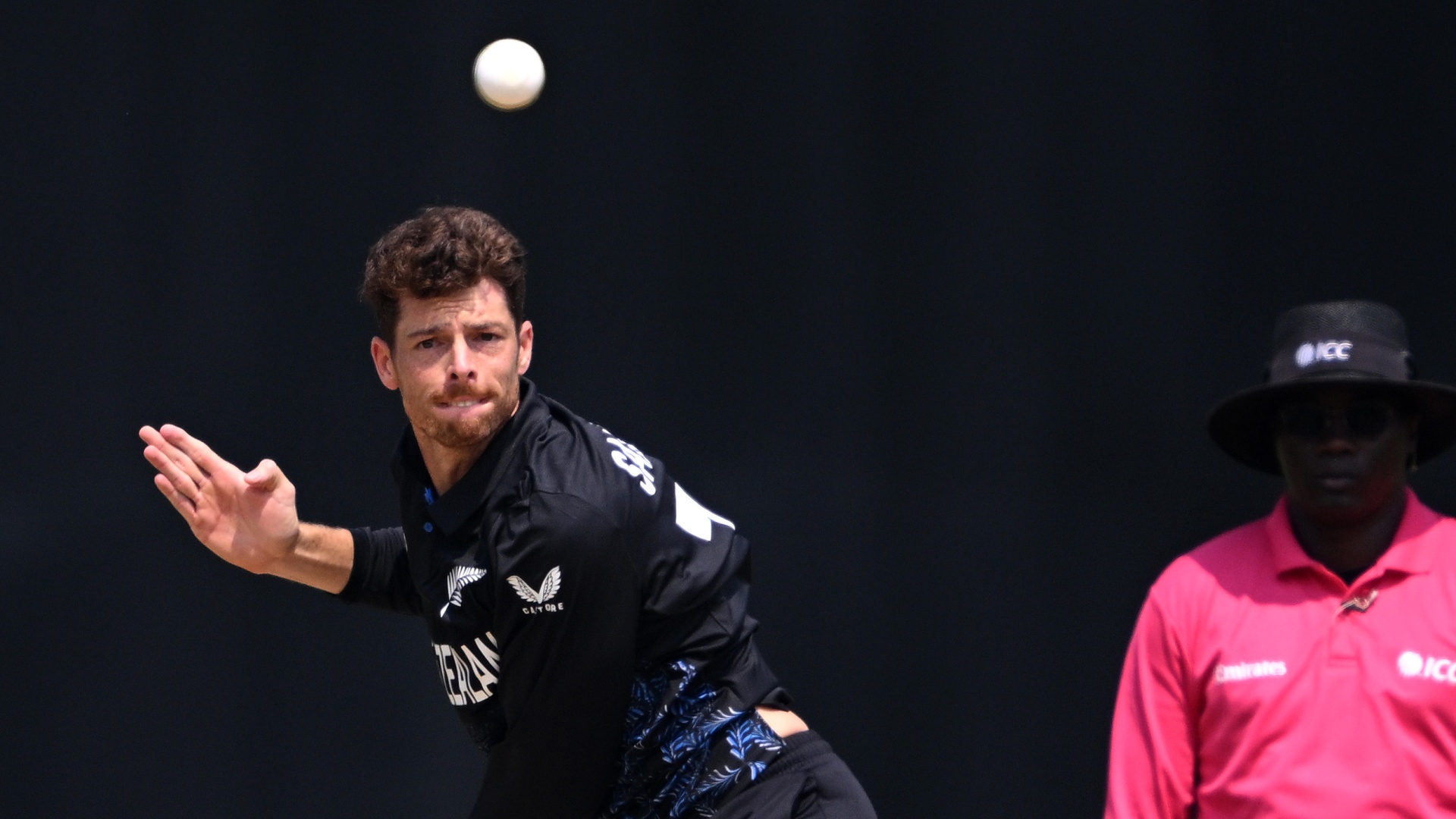 New Zealand's Mitchell Santner bowling at the 2026 T20 World Cup