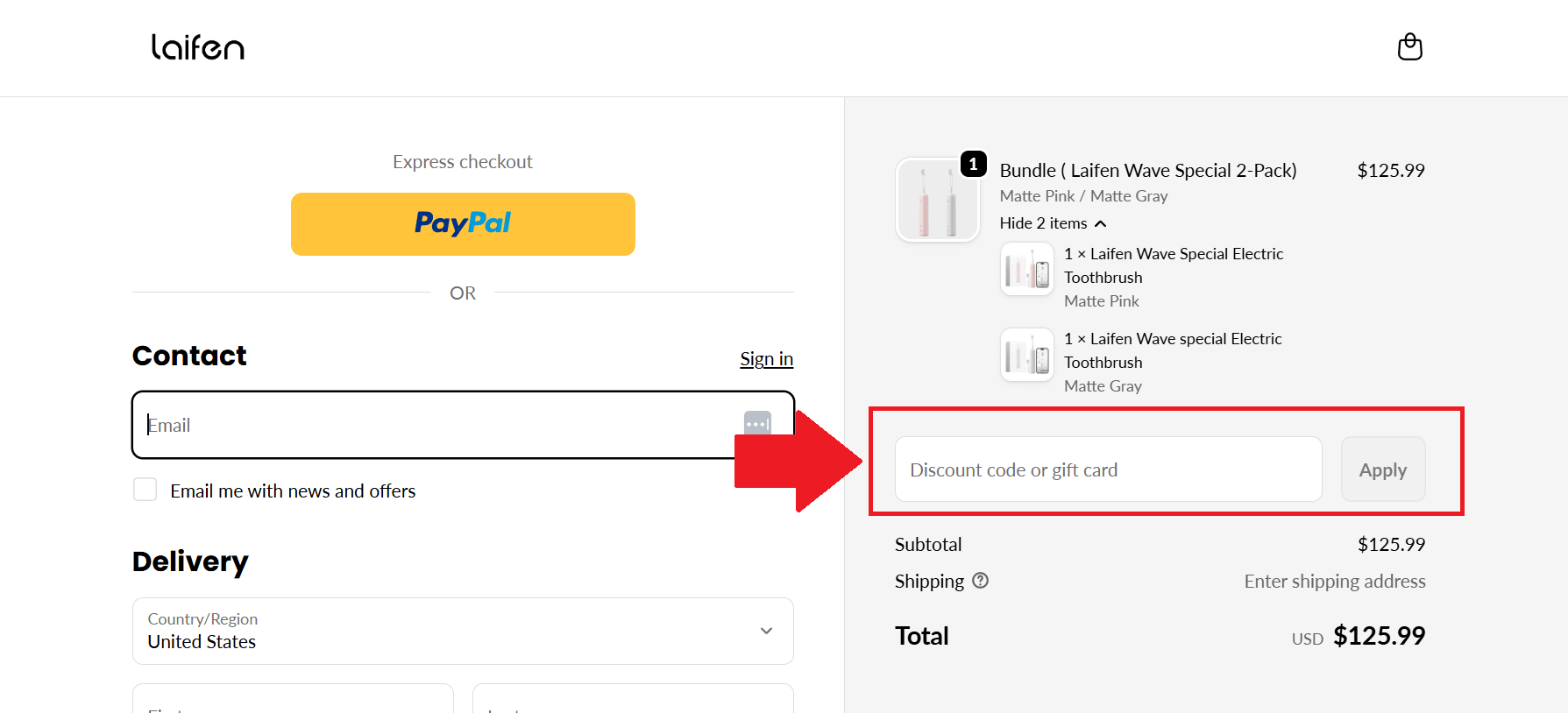 A screenshot showing the Laifen checkout page and where to enter your Laifen discount code