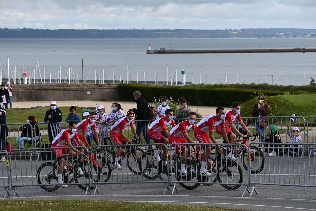 Team Cofidis riders attend the teams presentation two days ahead of the first stage of the 108th edition of the Tour de France cycling race near Brest on June 24 2021 Photo by AnneChristine POUJOULAT AFP Photo by ANNECHRISTINE POUJOULATAFP via Getty Images