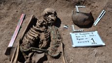 We see a skeleton in a dirt burial. There is a bronze bar with hooked ends across the skeleton's waist and a bowl to the upper right.