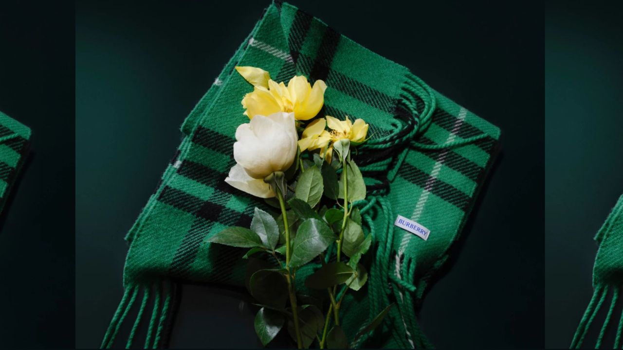 Burberry christmas gifts green checked scarf with roses on top