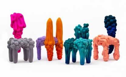 Four colourful chairs whose bulbous shapes are achieved with felt