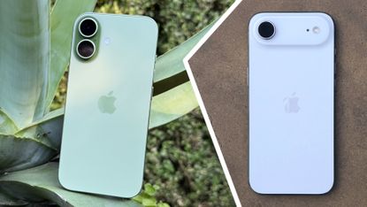 A green iPhone 17 alongside a white iPhone Air