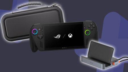 ROG Xbox Ally X handheld in centre with case on left and Baseus docking station on right with glowing edges and navy backdrop.