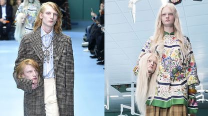 People are recreating the looks of Gucci models on the Milan runway, holding replicas of their own heads