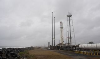 A Northrop Grumman Antares rocket carrying the Cygnus NG-10 cargo ship stands atop Pad-0A at NASA's Wallops Flight Facility on Wallops Island, Virginia. The rocket is scheduled to launch a resupply mission to the International Space Station on Nov. 17, 2018.