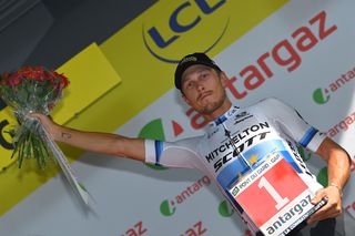 Matteo Trentin (Mitchelton-Scott) celebrates a solo victory on stage 17 at the Tour de France