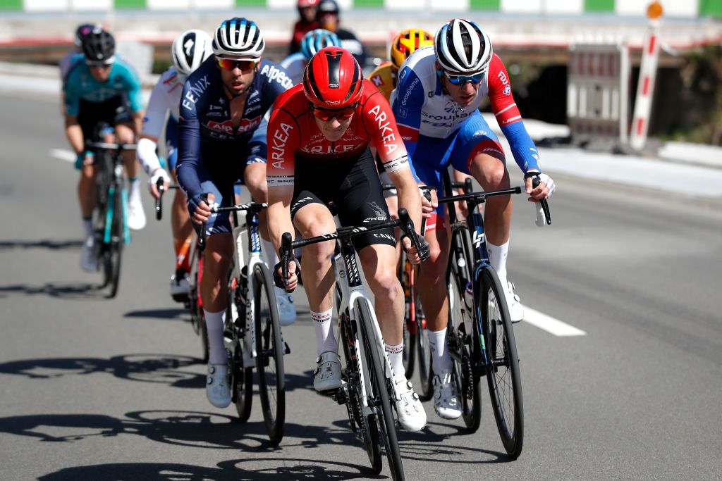 HUY BELGIUM APRIL 20 LR Simon Guglielmi of France and Team Arka Samsic and Bruno Armirail of France and Team Groupama FDJ compete in the breakaway during the 86th La Flche Wallonne 2022 Mens Elite a 2011km one day race from Blegny to Mur de Huy 204m WorldTour FlecheWallonne on April 20 2022 in Huy Belgium Photo by Bas CzerwinskiGetty Images
