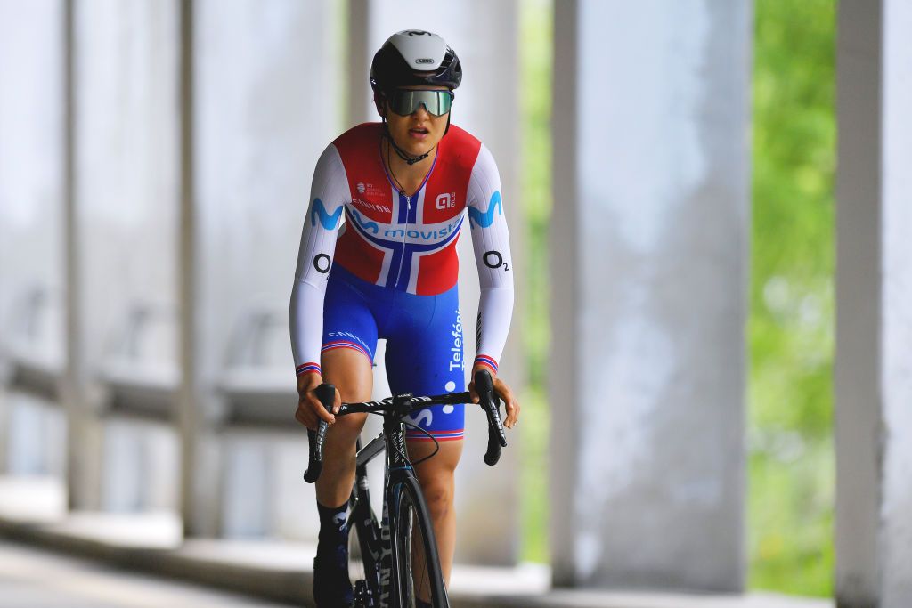 CASCATE DEL TOCE ITALY JULY 05 Katrine Aalerud of Norway and Movistar Team during the 32nd Giro dItalia Internazionale Femminile 2021 Stage 4 a 112km Individual Time Trial from Fondovalle to Cascate Del Toce 1714m ITT GiroDonne UCIWWT on July 05 2021 in Cascate Del Toce Italy Photo by Luc ClaessenGetty Images