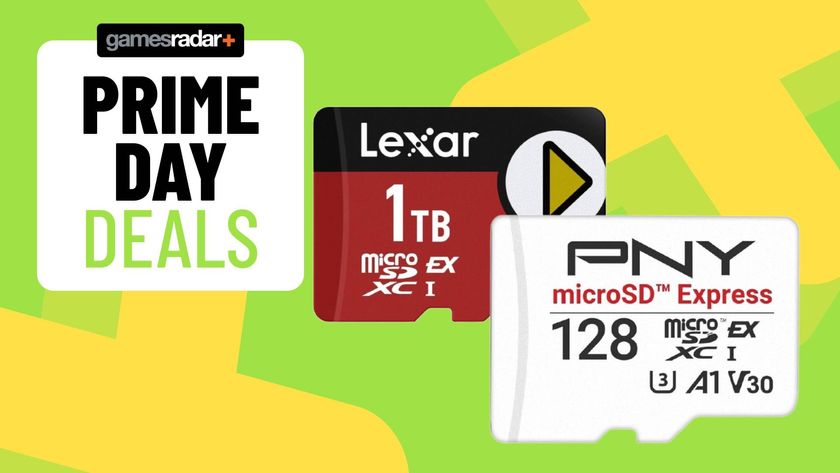 Images of a red and white microSD Express card sitting on a light green GamesRadar+ background.