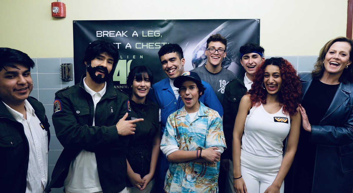 &quot;Alien&quot; star Sigourney Weaver (right) surprised the cast of &quot;Alien: The Play&quot; at North Bergen High School in New Jersey after an encore performance on April 26, 2019, the 40th anniversary of the science fiction film. 