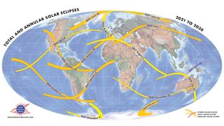 map showing the routes of upcoming total solar eclipses and annular solar eclipses across Earth along with their dates. 