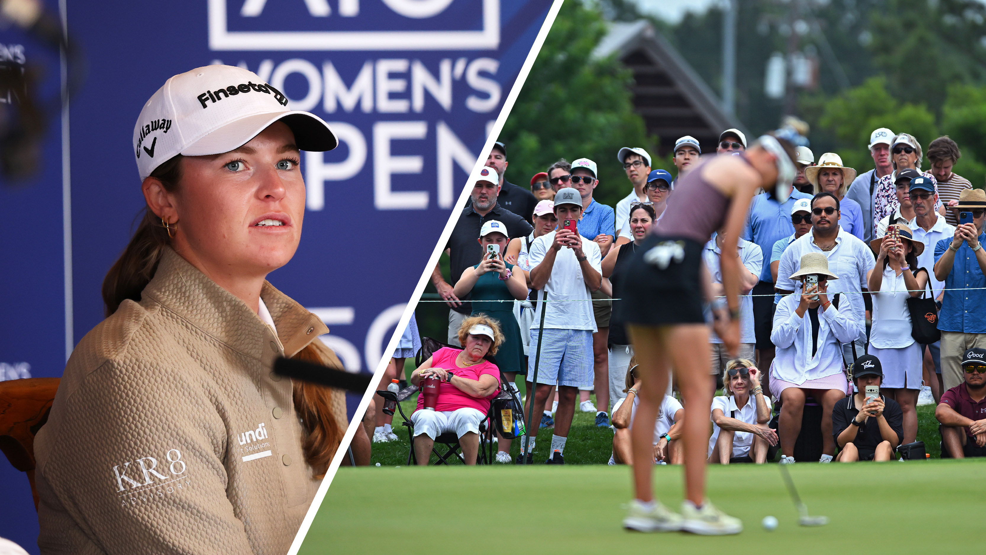 (left) Mimi Rhodes talks during a press conference ahead of the 2026 AIG Women's Open while a blurred out Nelly Korda putts in front of fans during the final round of the 2026 Chevron Championship