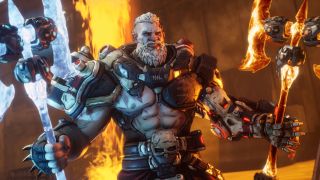 Borderlands 4 Hellwalker location: An upper-body shot of Amon gritting his teeth and smiling while holding two large axes, one fire and the other ice.