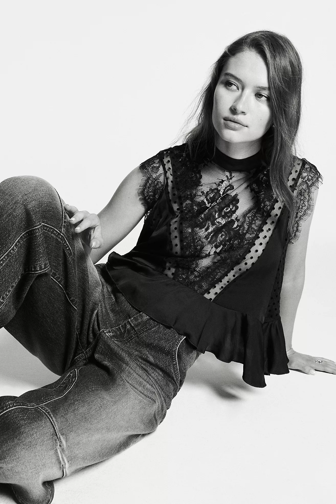 By Anthropologie Sheer Lace Peplum Blouse