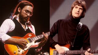 LEFT: Al Di Meola with Gibson Les Paul Standard circa 1975. RIGHT: Ray Davies of English rock group The Kinks performs playing a Fender Telecaster guitar on a television show at BBC Television Centre in London in December 1965.
