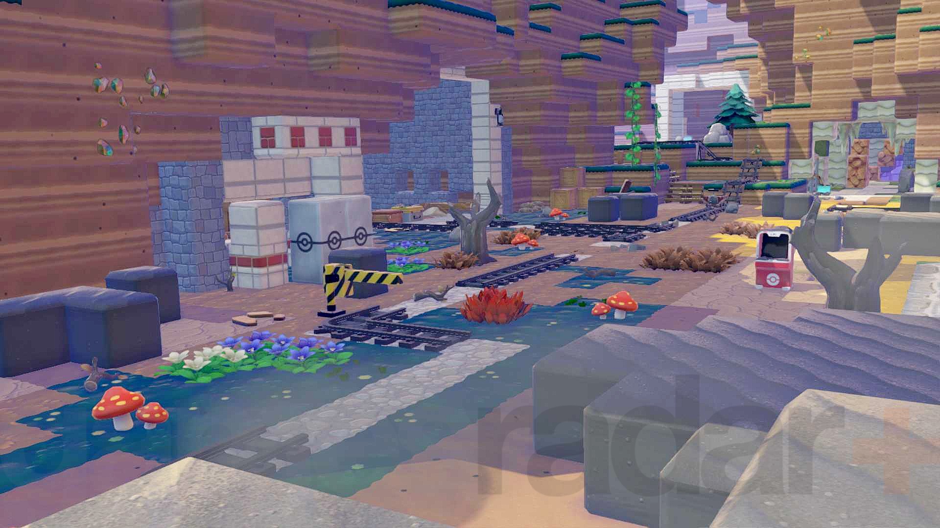 A train track runs through Rocky Ridges, one of the Pokopia map areas.