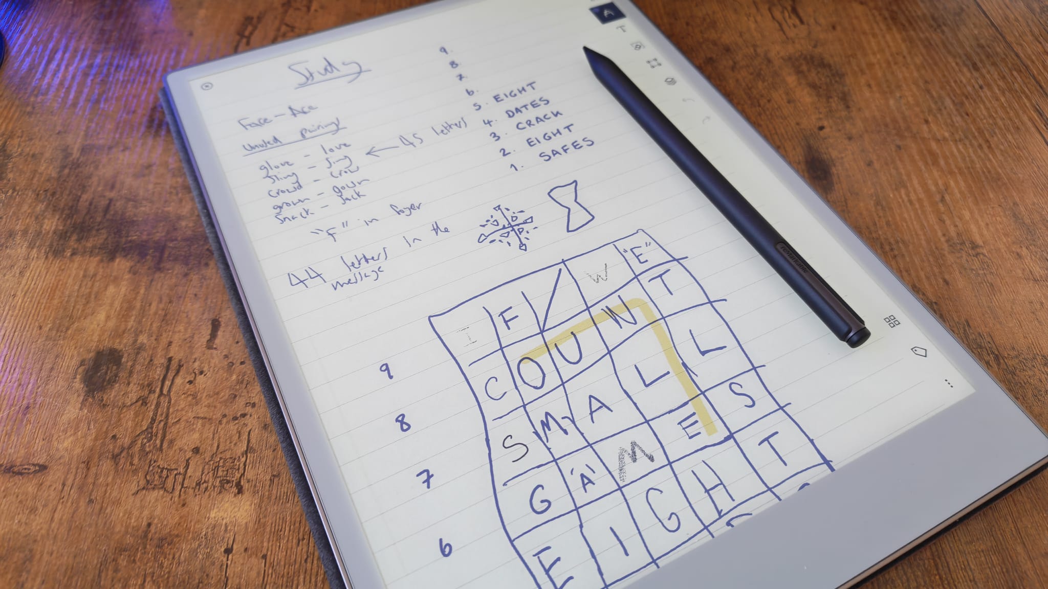 A reMarkble Paper Pro displaying notes taken while playing Blue Prince