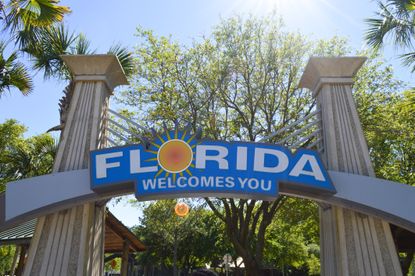 "Florida welcomes you" sign across two columns with trees in the background