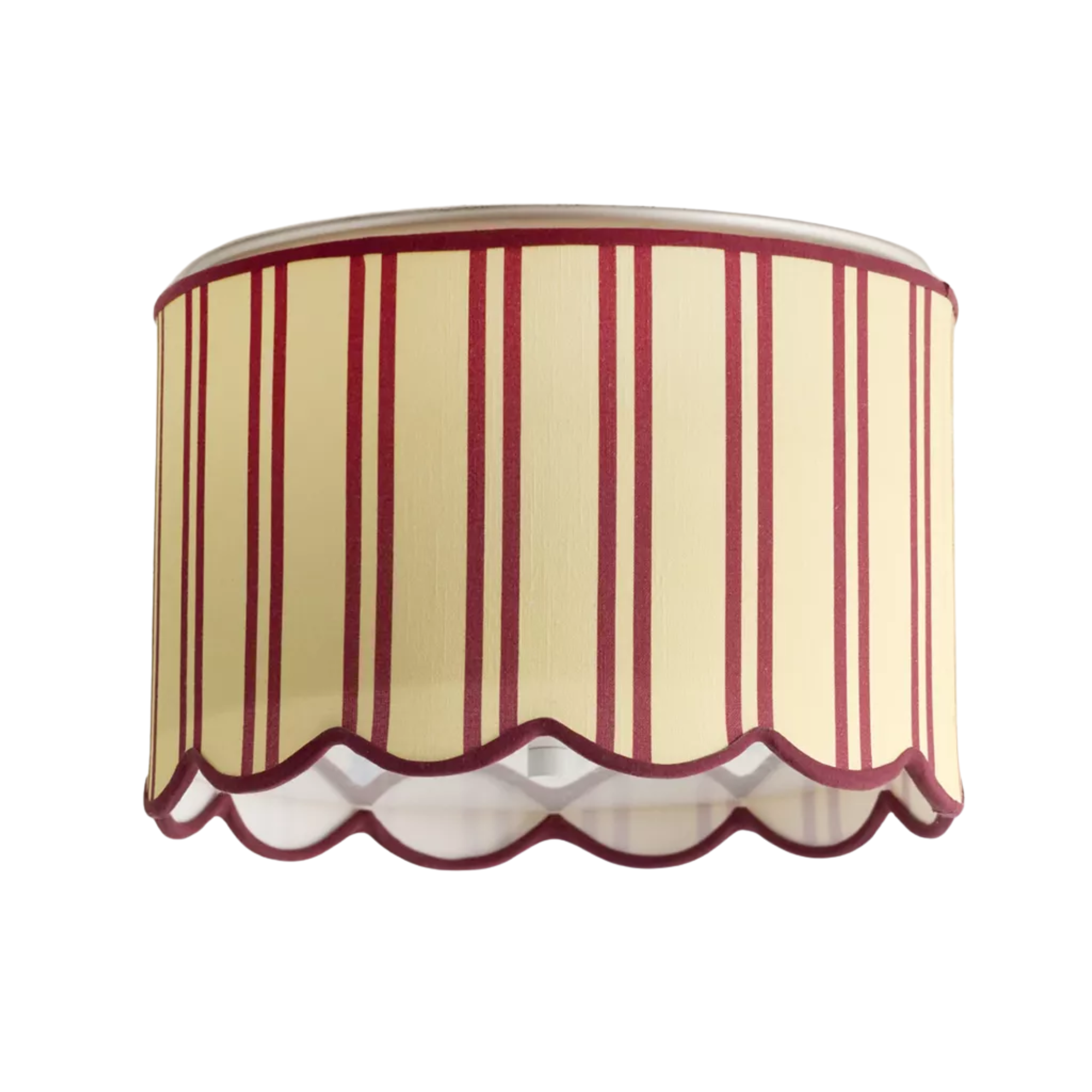 flush mount shade in yellow with red stripes and a scalloped hem