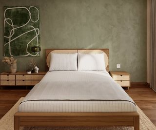 White grounding sheets on a bed against a light green wall.