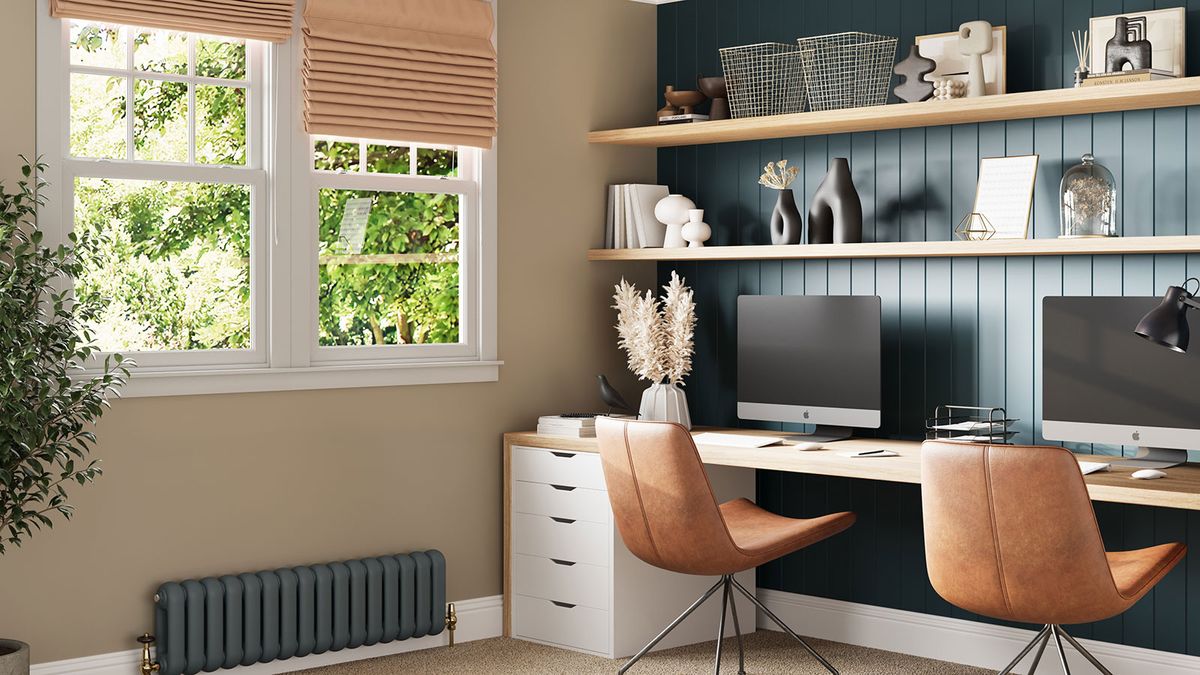 double home office with blue wall panelling