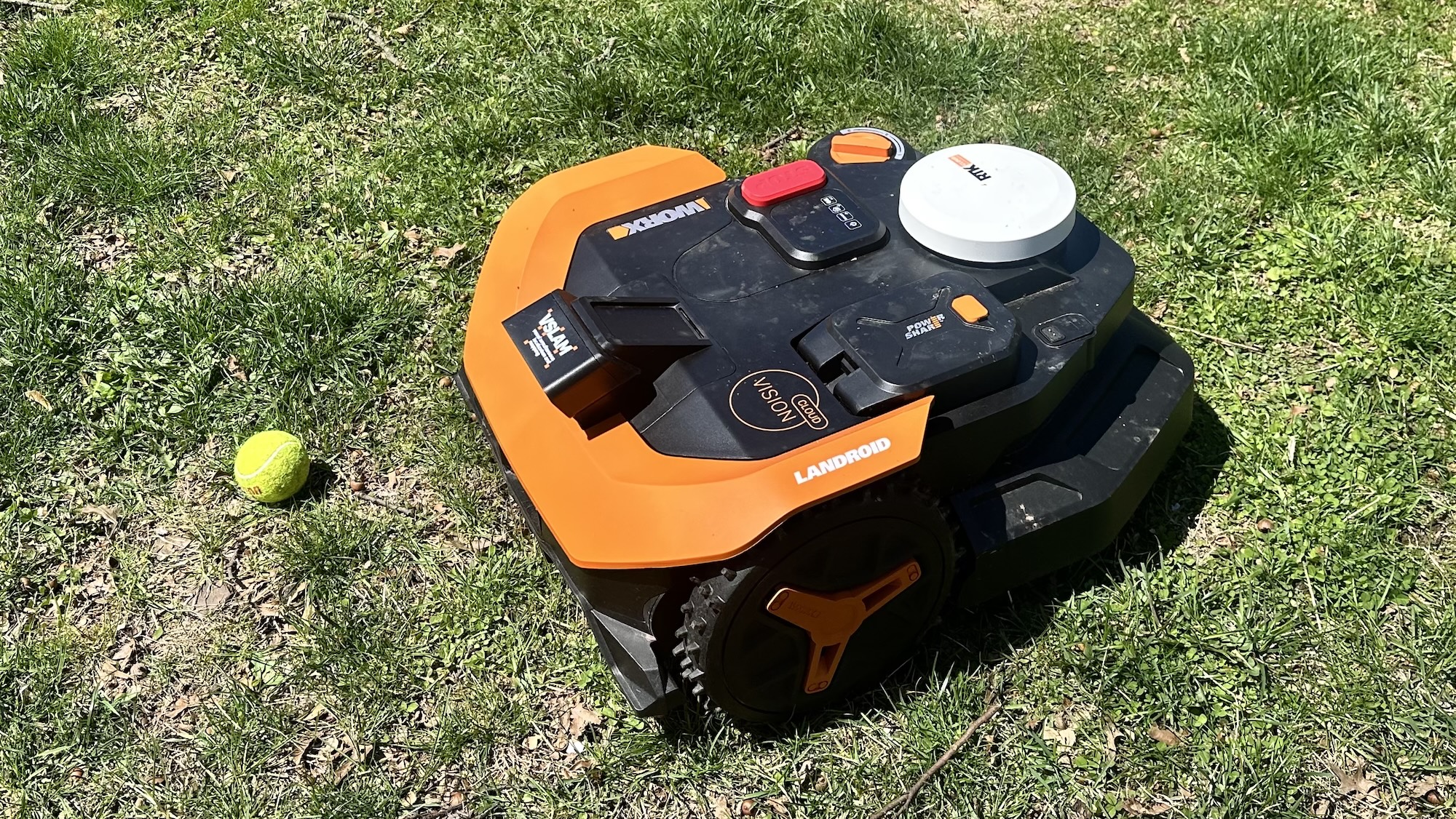 Worx Landroid Vision Cloud robot lawnmower avoiding tennis ball