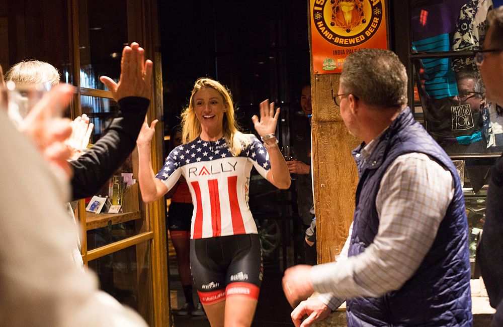 US criterium champion Erica Allar presented on stage at the Rally Cycling team launch