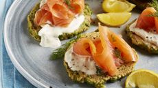 Pea and dill fritters with smoked salmon and creme fraiche