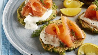 Pea and dill fritters with smoked salmon and creme fraiche