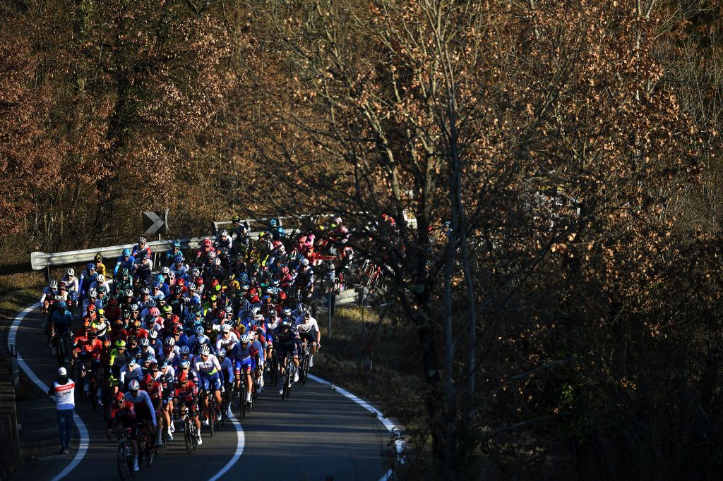 SOVICILLE ITALY MARCH 08 A general view of the peloton competing during the 57th TirrenoAdriatico 2022 Stage 2 a 219km stage from Camaiore to Sovicille TirrenoAdriatico WorldTour on March 08 2022 in Sovicille Italy Photo by Tim de WaeleGetty Images