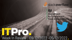 The logos of Stack Overflow, Defra and Twitter superimposed on a black and white photo of fibre optic cables.